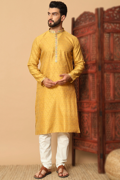 Mustard Yellow Jacquard Weaved Thread Wedding Men's Kurta Churidar