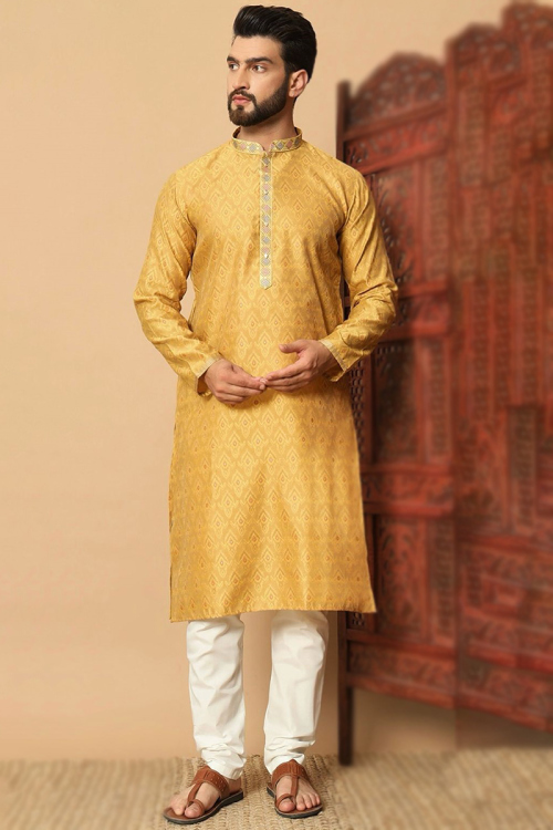 Mustard Yellow Jacquard Weaved Thread Men's Kurta Churidar for Wedding & Party