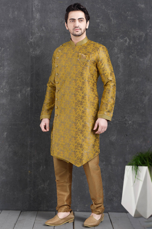 Mustard Yellow Jacquard Woven Zari Asymmetrical Men's Sherwani