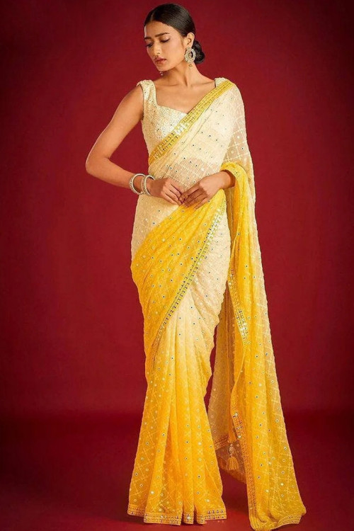 Mustard Yellow Lace Embroidered Omber Georgette Saree