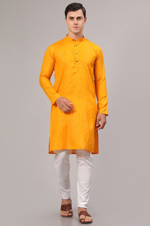Mustard Yellow Lurex Thread Weaved Cotton Men's Kurta Pajama 