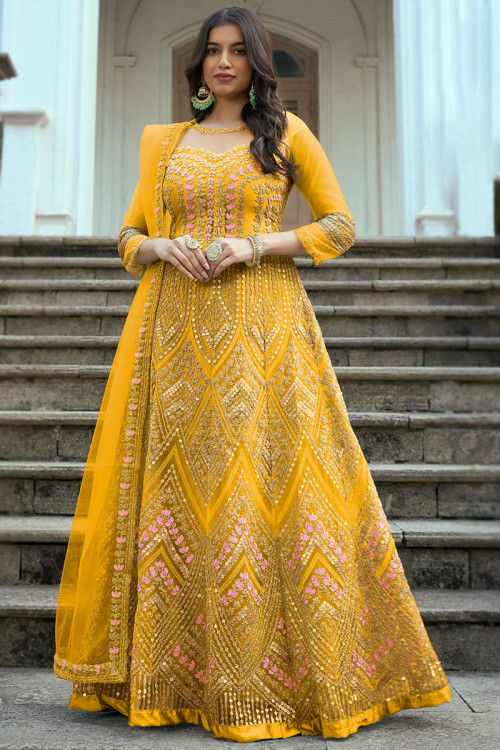 Mustard Yellow Net Anarkali with Churidar Anarkali Suit
