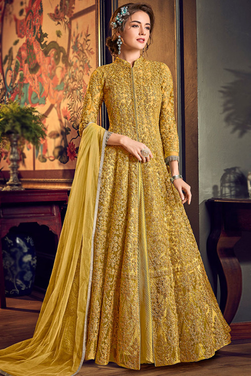 Mustard Yellow Net Dori Embroidered Anarkali Suit 