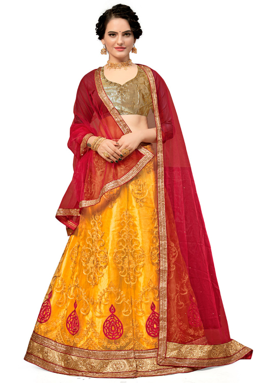 Lace Work Sangeet Lehenga in Mustard Yellow Net