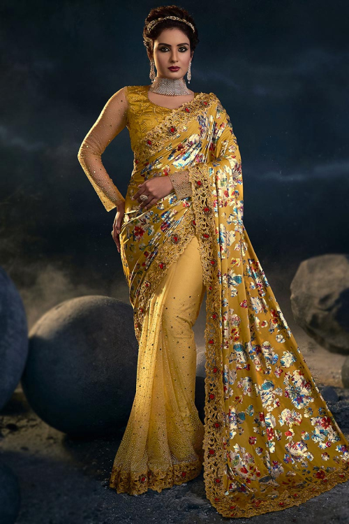 Party Wear Stone Embroidered Saree in Net Mustard Yellow