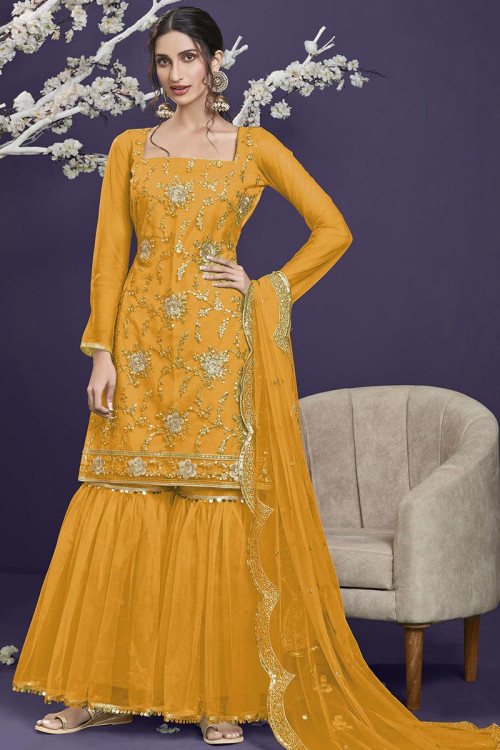 Sharara Suit for Party Wear in Net Mustard Yellow