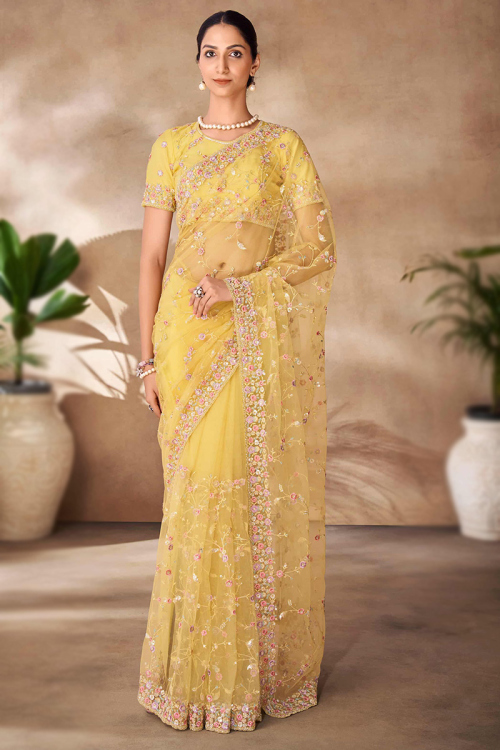 Mustard Yellow Net Sequins Embroidered Light Weight Saree 