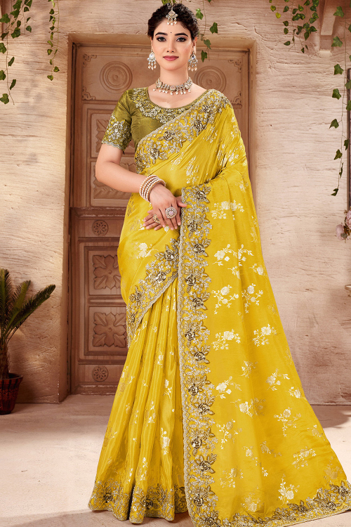 Mustard Yellow Organza Embroidered Saree For Festival