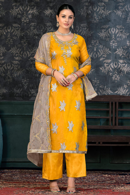 Mustard yellow Organza Embroidered Straight Cut Palazzo Suit