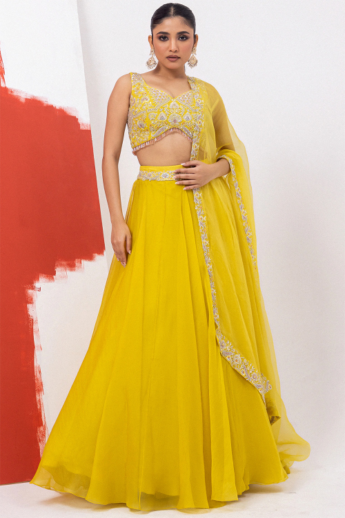 Mustard Yellow Organza Lehenga Choli with Sequins Work For Haldi