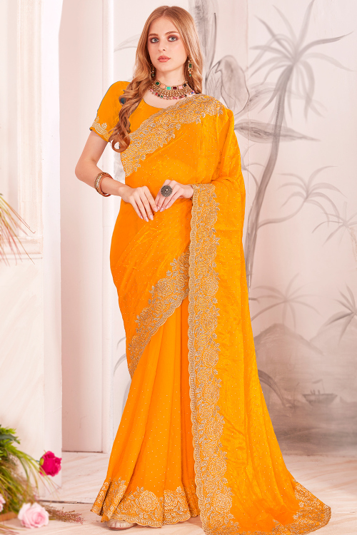 Mustard Yellow Organza Silk Embroidered Shimmer Saree For Festival