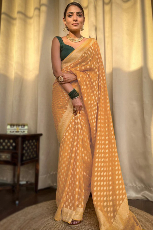 Mustard Yellow Organza Silk Woven Zari Light Weight Saree 