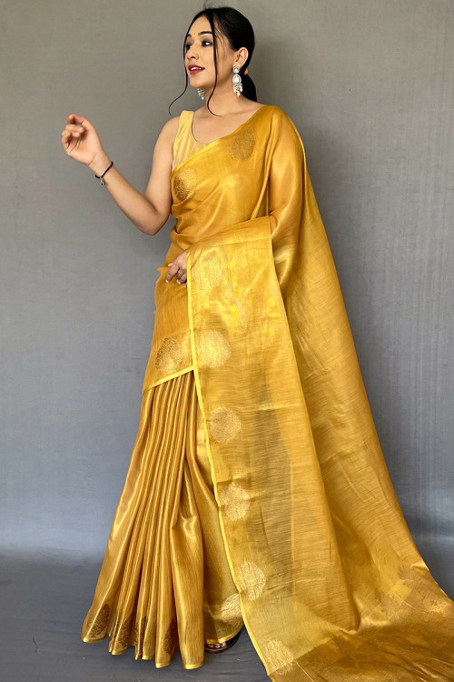 Haldi Yellow Dola Silk Saree with Gold Zari Buttas - Mirra Clothing-atpcosmetics.com.vn