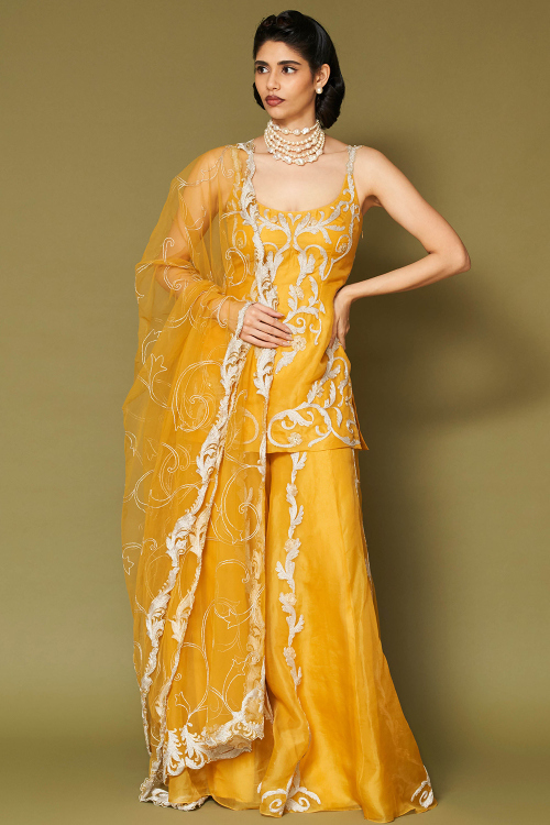 Mustard Yellow Organza Zari Embroidered Sharara Suit for Wedding Wear