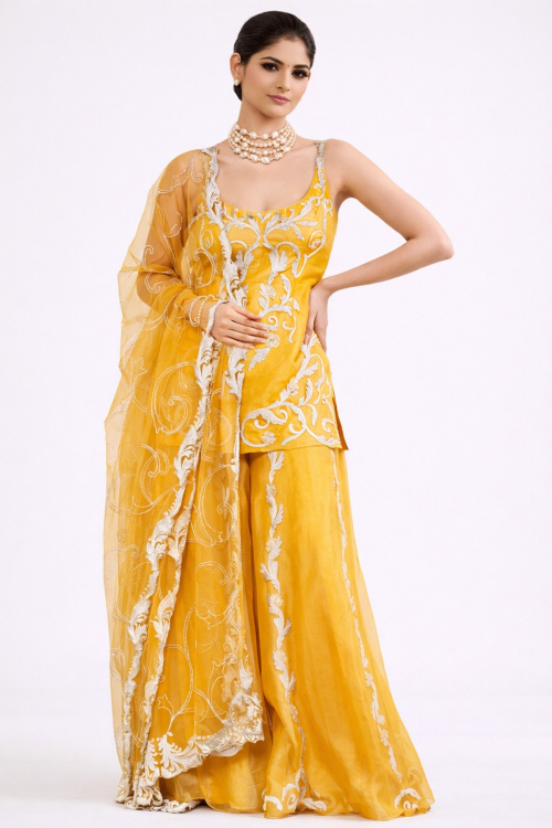 Mustard Yellow Organza Dori Embroidered Sharara Suit for Wedding Wear