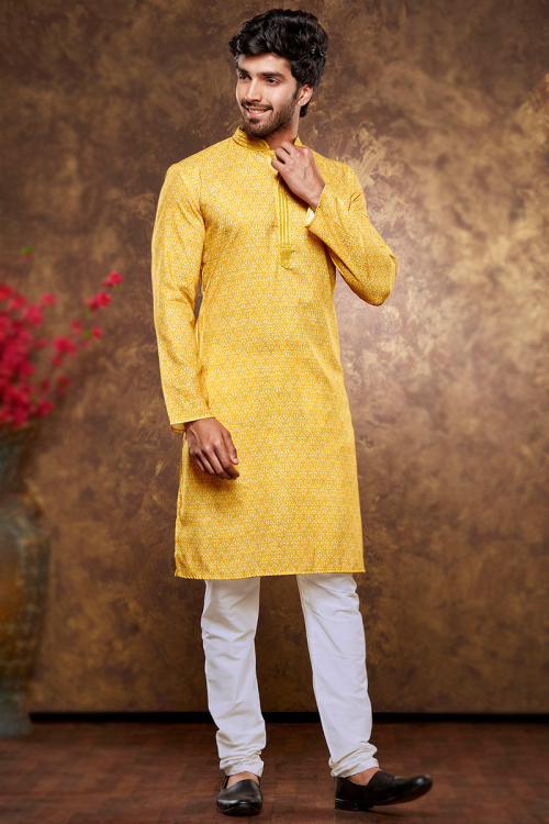 Mustard Yellow Poly Cotton Printed Straight Cut Men's Kurta Churidar 