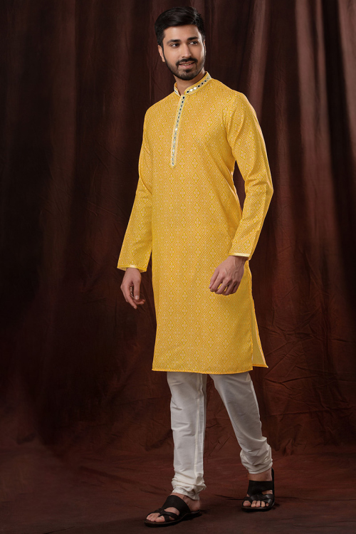 Mustard Yellow Poly Cotton Straight Cut Men Kurta Pajama