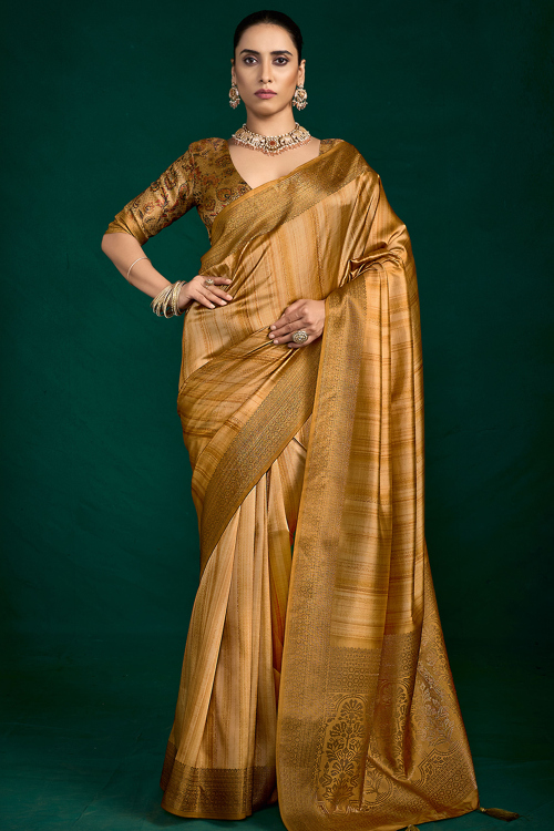 Mustard Yellow Printed Art Silk Broad Border Saree