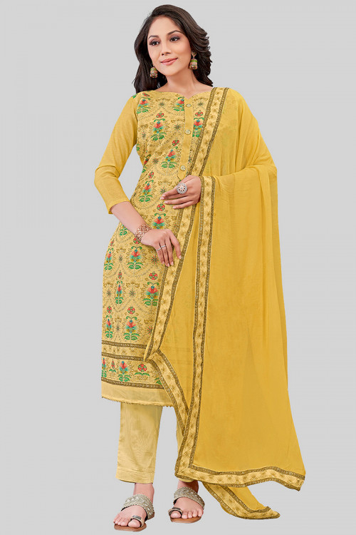 Mustard Yellow Printed Chanderi Silk Straight Cut Trouser Suit