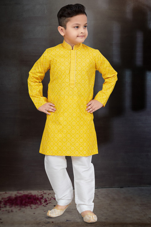 Mustard Yellow Printed Cotton Boy's Kurta Pajama 