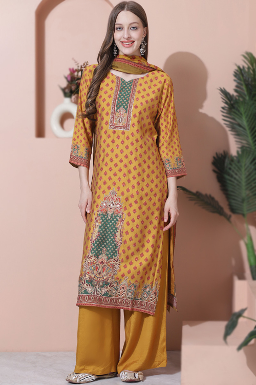 Mustard Yellow Printed Cotton Silk Casual Wear Trouser Suit 