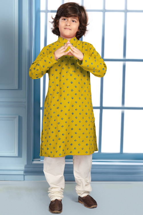 Mustard Yellow Printed Cotton Straight Cut Boy's Kurta Churidar 