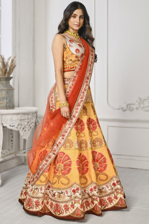 Mustard Yellow Printed Panelled Style Satin Silk Lehenga 