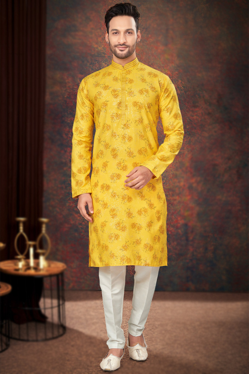 Mustard Yellow Printed Silk Men's Kurta Pajama For Haldi 