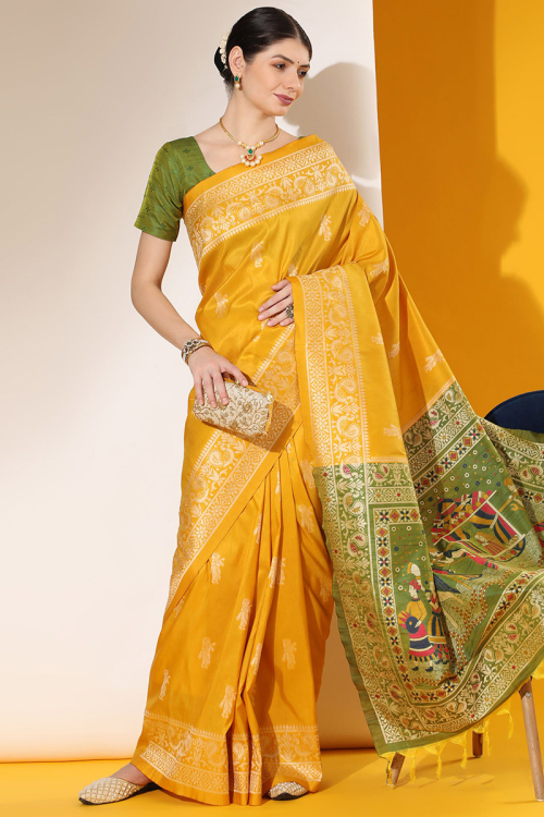 Mustard Yellow Raw Silk Woven Zari Saree