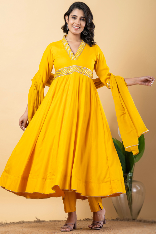 Mustard Yellow Rayon Anarkali Suit With Gota Patti Work 