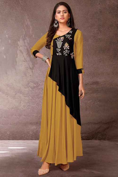 Mustard Yellow Rayon Ankle Length Kurti