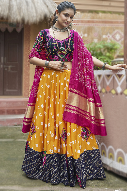 Mustard Yellow Rayon Bandhej Print Ready Made Navratri Lehenga