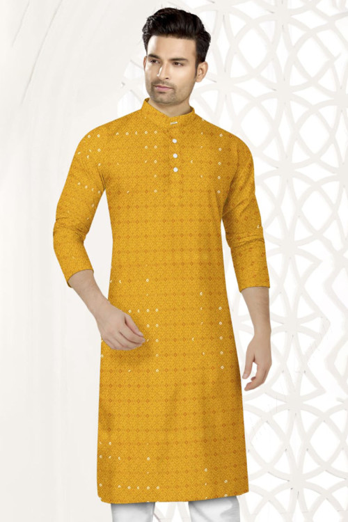 Mustard Yellow Rayon Embroidered Men Kurta Pajama
