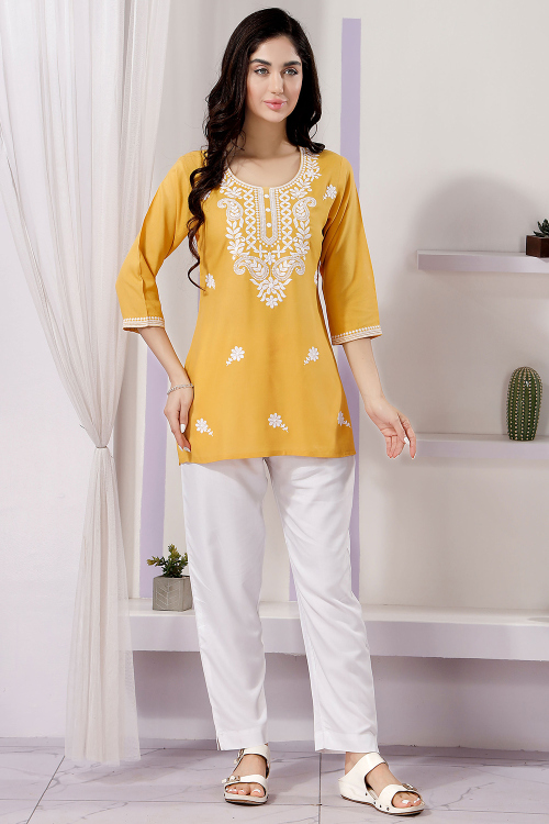 Mustard Yellow Rayon Embroidered Short Kurti 