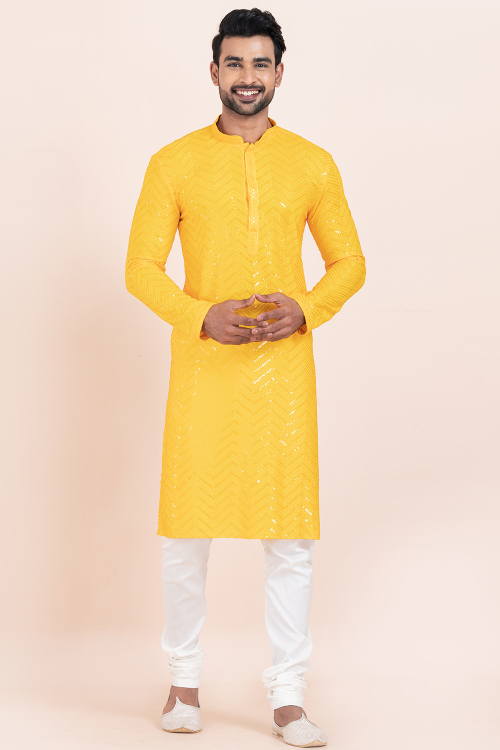 Mustard Yellow Rayon Embroidered Straight Cut Men's Kurta With Churidar
