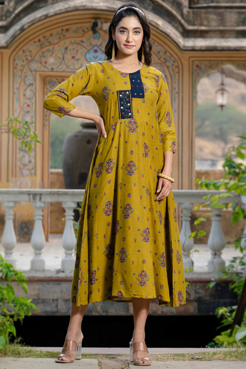 Mustard Yellow Rayon Kurti Printed Work For Casual Wear