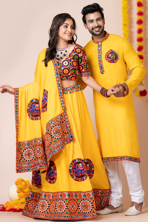 Mustard Yellow Rayon Patch Embroidered Couple's Outfit 