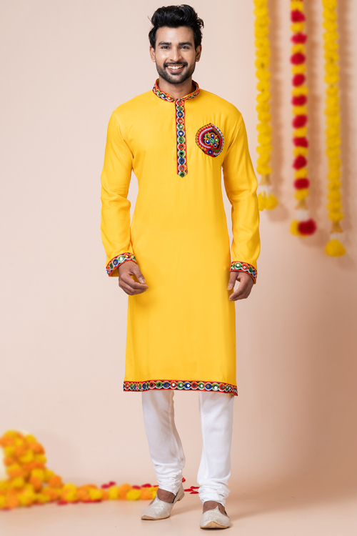 Mustard Yellow Rayon Patch Embroidered Men's Kurta With Churidar 