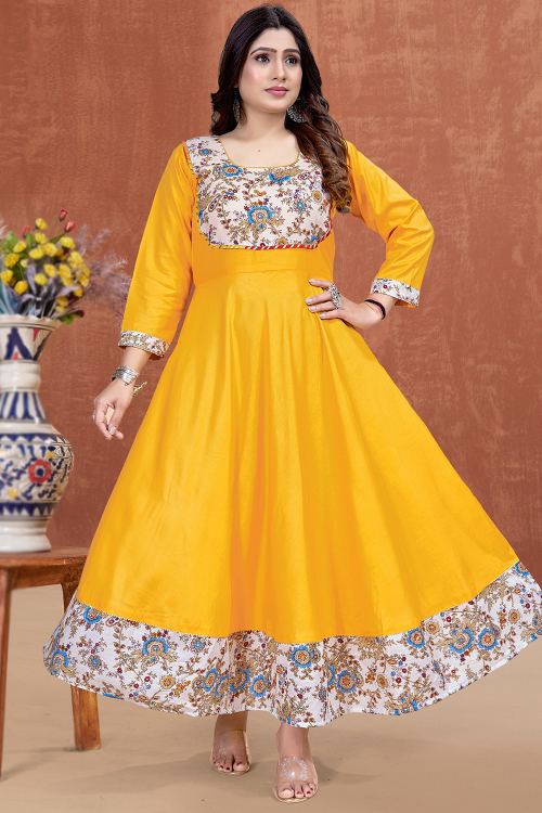 Mustard Yellow Rayon Printed Casual Wear Ready Made Kurti