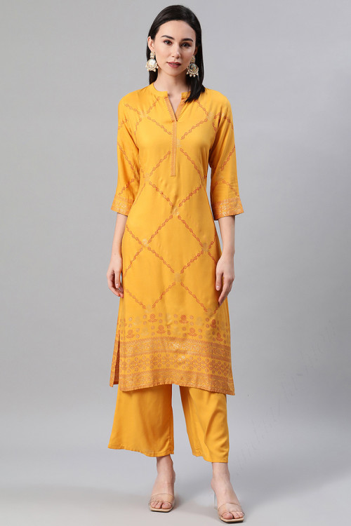 Kurti in Mustard Yellow Rayon for Party Wear with Foil Print