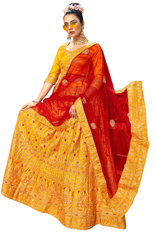Mustard Yellow Satin A Line Lehenga