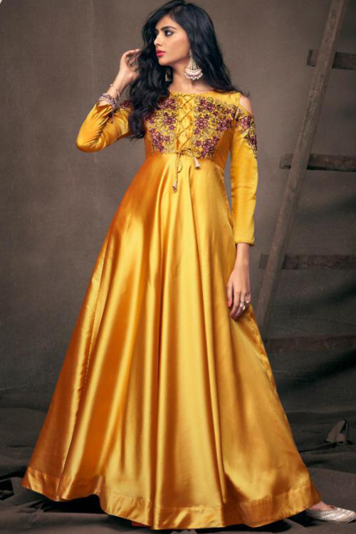 A Line Anarkali Suit in Satin Mustard Yellow for Sangeet
