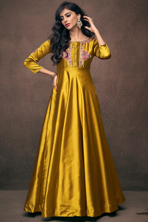Mustard Yellow Satin Embroidered Gown