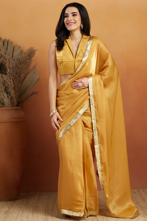 Mustard Yellow Satin Saree With Sequins Work For Festival