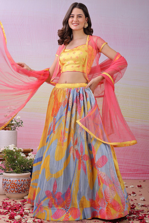 Mustard Yellow Satin Silk Flared Lehenga With Printed Work 