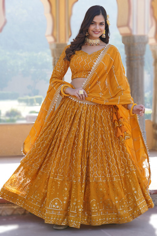 Mustard Yellow Sequins Embroidered Georgette Lehenga 