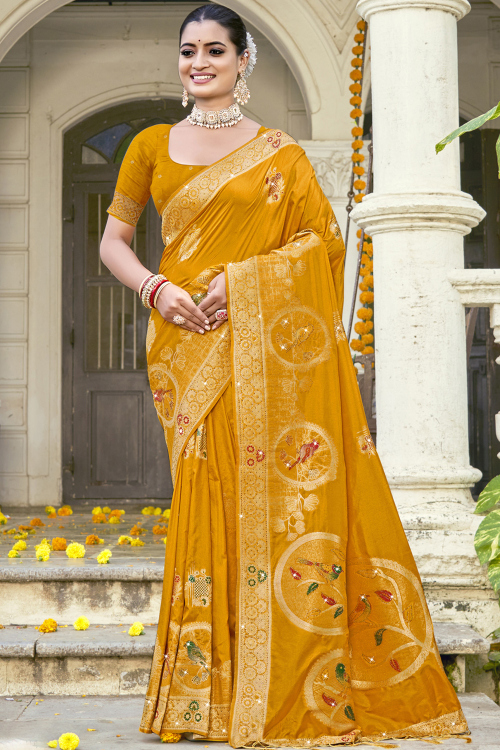 Mustard Yellow Silk Blend Broad Weaved Border Saree