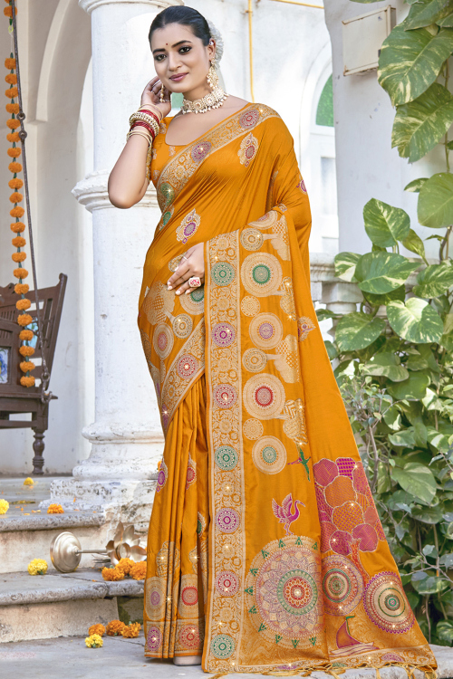 Mustard Yellow Silk Blend Broad Weaved Border Saree