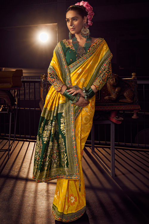 Mustard Yellow Silk Blend Embroidered Broad Border Saree