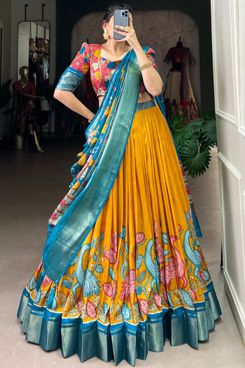 Mustard Yellow Silk Blend Lehenga With Printed Work For Diwali